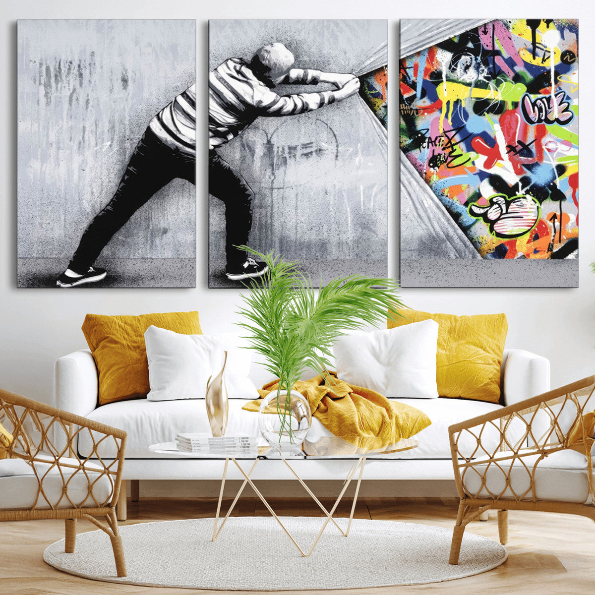 Banksy Art Behind the Curtain Street Wall Art Canvas Print | Urban Graffiti Style Wall Decor