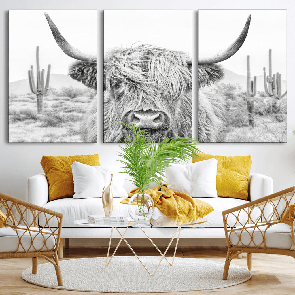 Rustic Charm, Cow Longhorn Black White Bighorn Wall Art