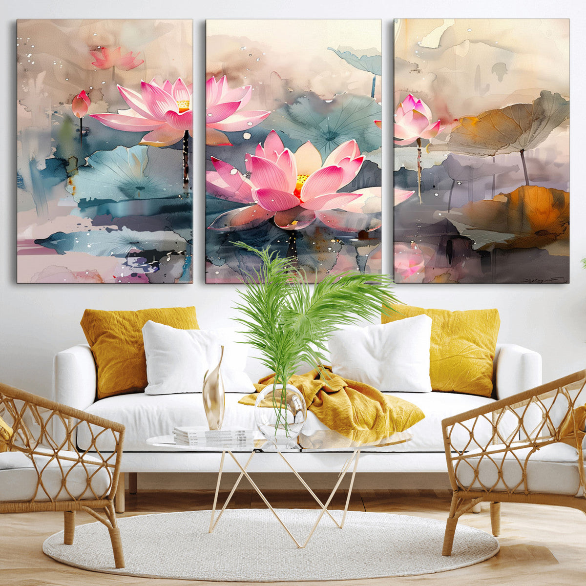 Lotus Flower Wall Art | 3 Panel Giclee Canvas Print of Pink Lotus Blossoms