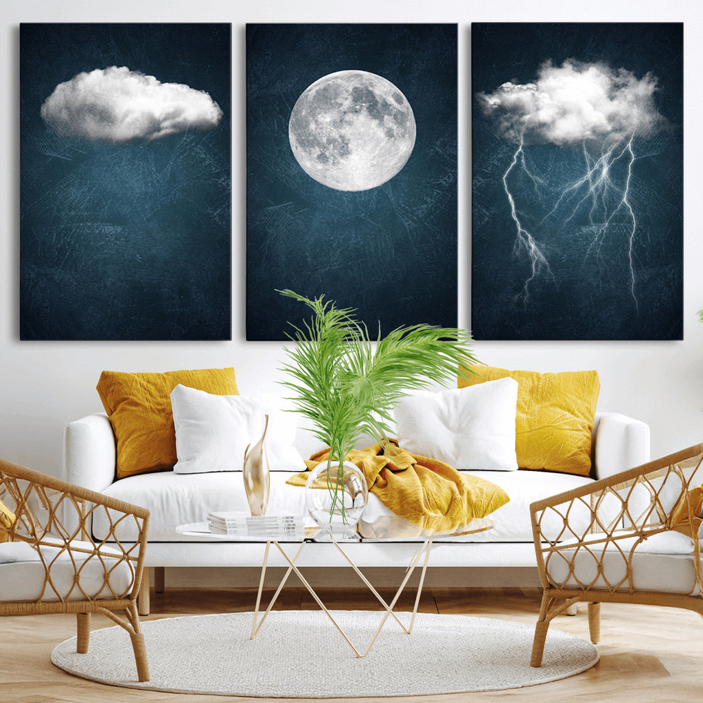 3 Piece Indigo Cloud Wall Art, Thunderstorm Moon Cloud Artwork