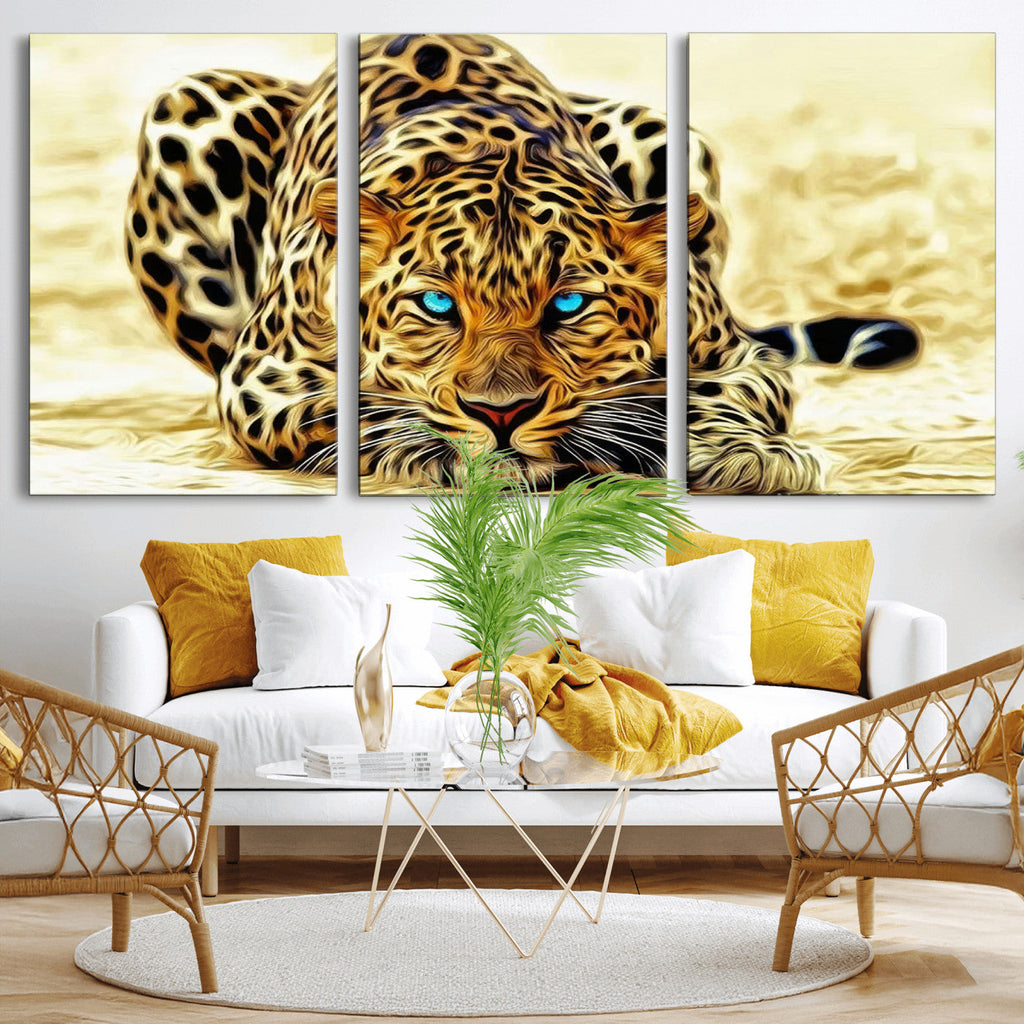 Blue-Eyed Leopard Canvas Wall Art, Framed Animal Print, Fierce and Bold Decor for Living Rooms
