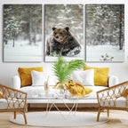 Grizzly Bear Wall Art | Framed Snowy Forest Canvas Artwork
