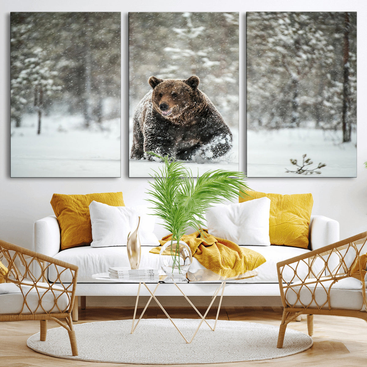 Grizzly Bear Wall Art | Framed Snowy Forest Canvas Artwork