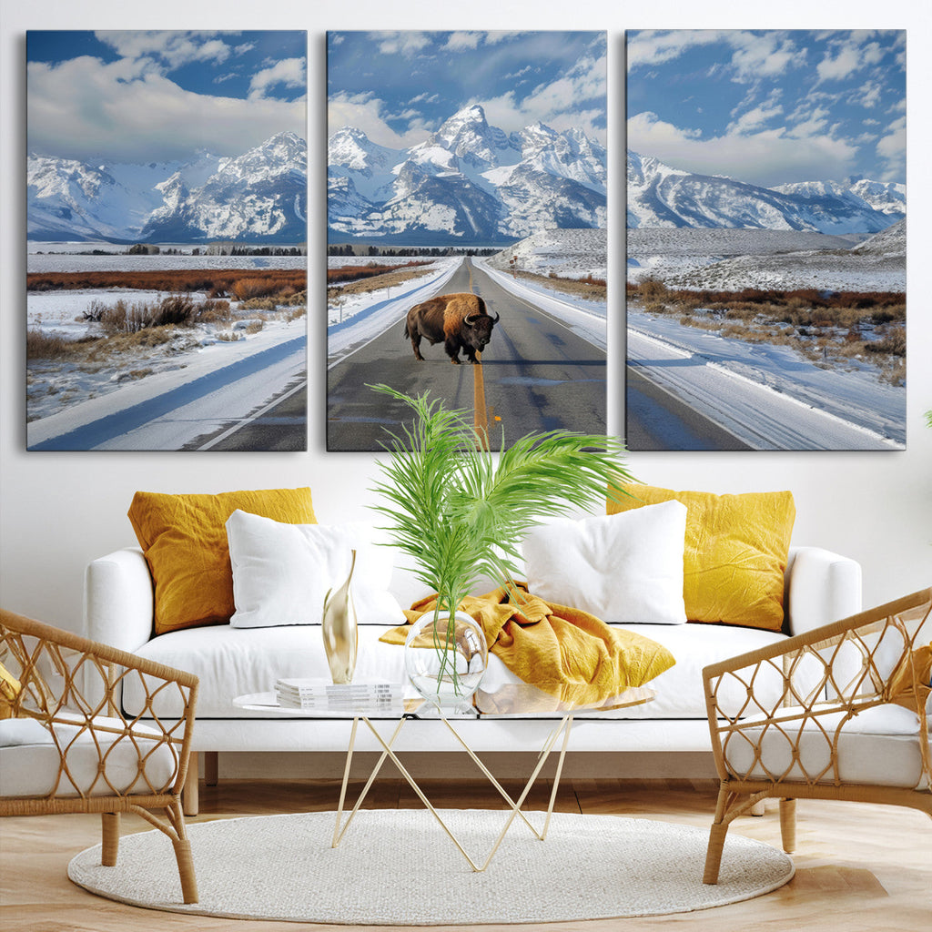 Bison Wall Art | Snowy Road Wall Art | Framed Mountain Landscape Canvas