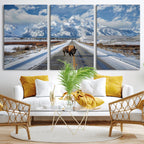 Bison Wall Art | Snowy Road Wall Art | Framed Mountain Landscape Canvas