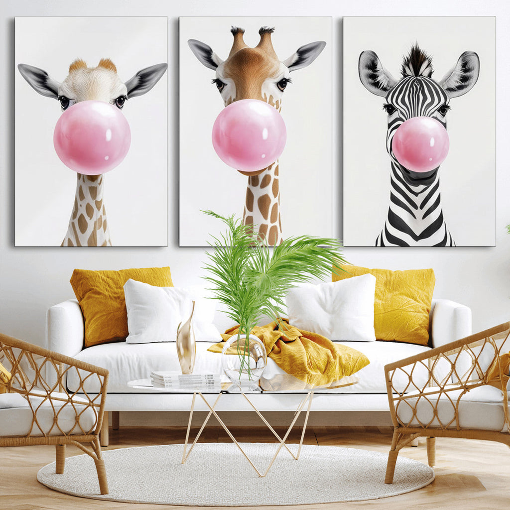 Bubblegum Animals Canvas Wall Art, Playful Giraffe and Zebra Trio, Whimsical Nursery and Kids Room Decor
