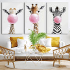 Bubblegum Animals Canvas Wall Art, Playful Giraffe and Zebra Trio, Whimsical Nursery and Kids Room Decor