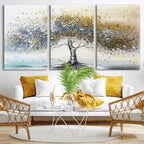 Golden and Silver Tree Wall Art | Framed Elegant Leaves Canvas