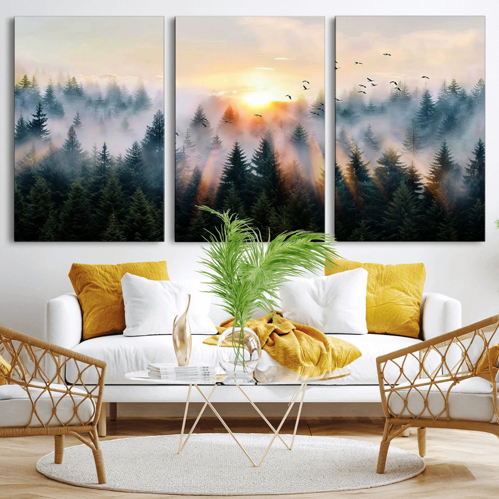 Abstract Forest Wall Art, Serene Nature Canvas Print with Misty Forest Design for Modern Home Decor