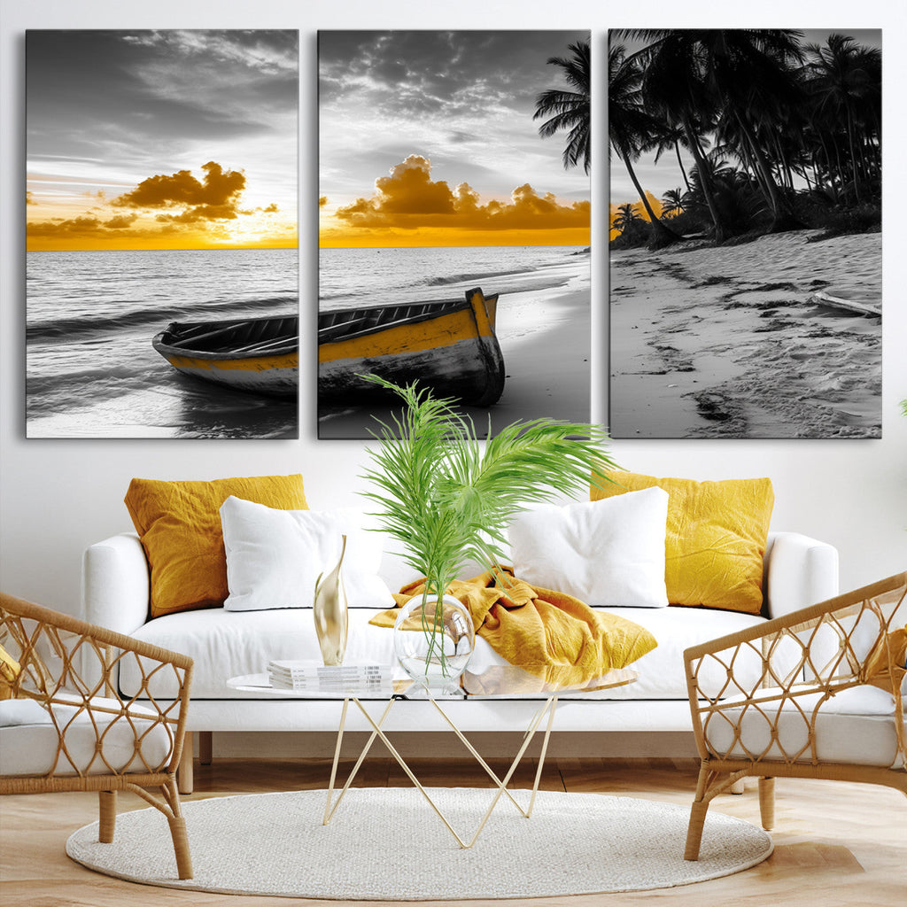 Yellow Rowboat Wall Art | Framed Tropical Shoreline Canvas