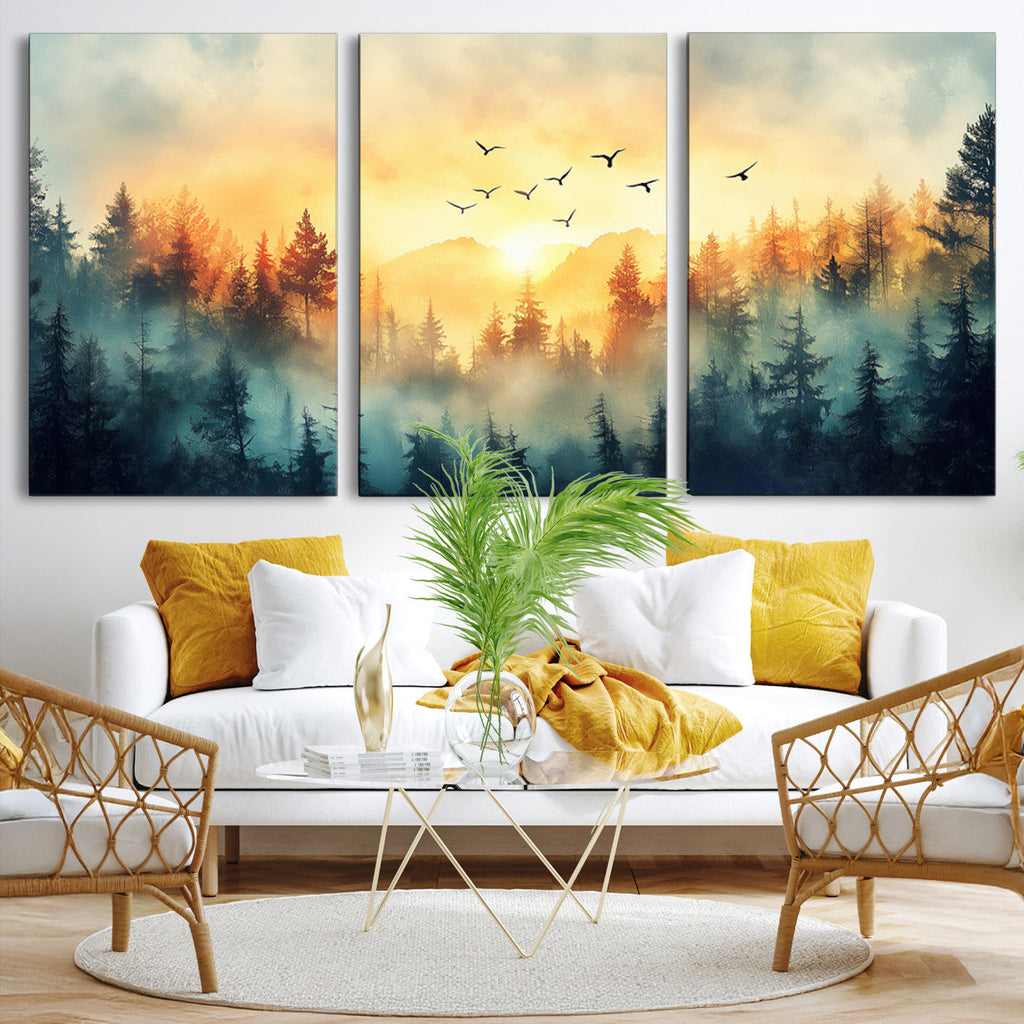 Sunrise Forest Wall Art | Framed Misty Pines Canvas Artwork