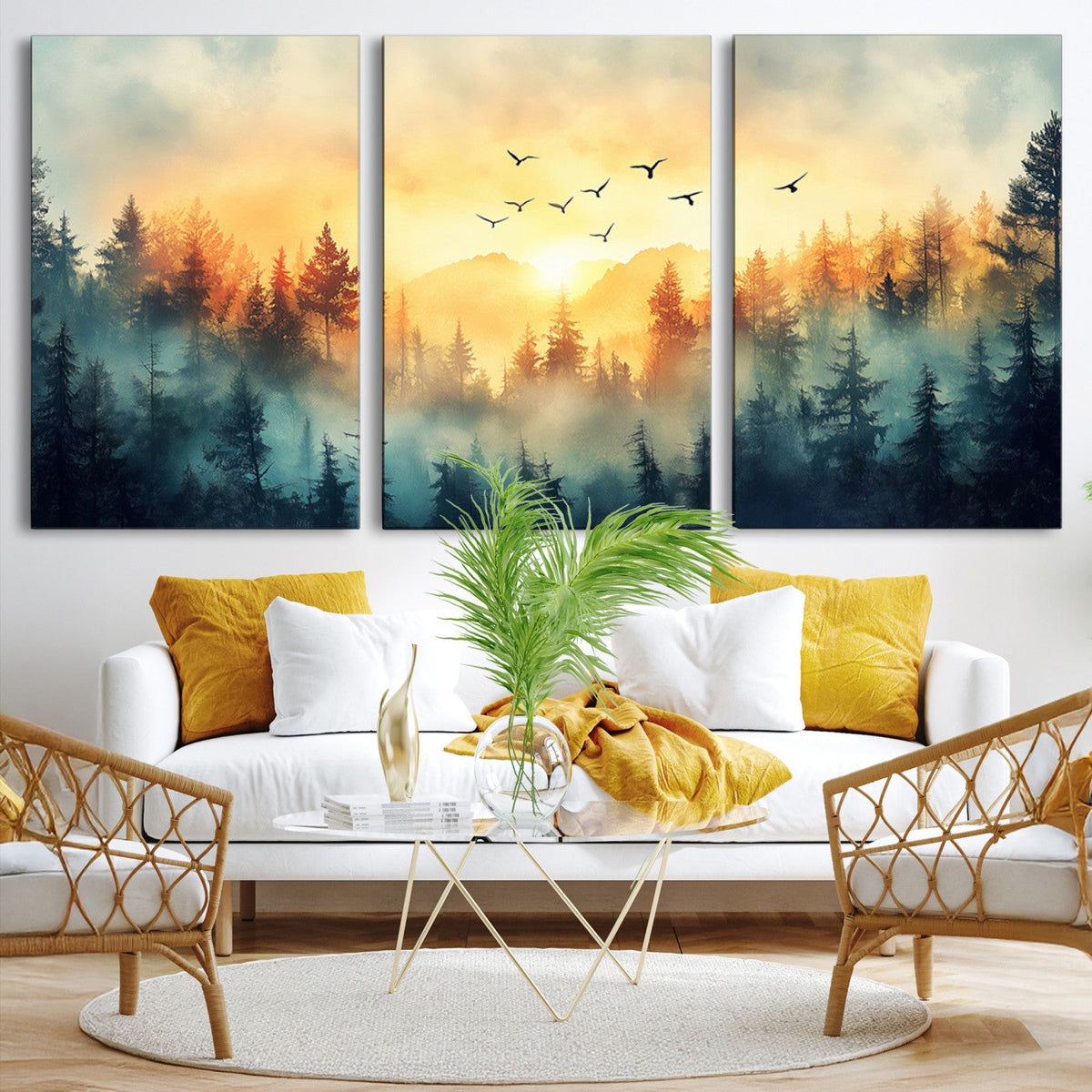 Sunrise Forest Wall Art | Framed Misty Pines Canvas Artwork