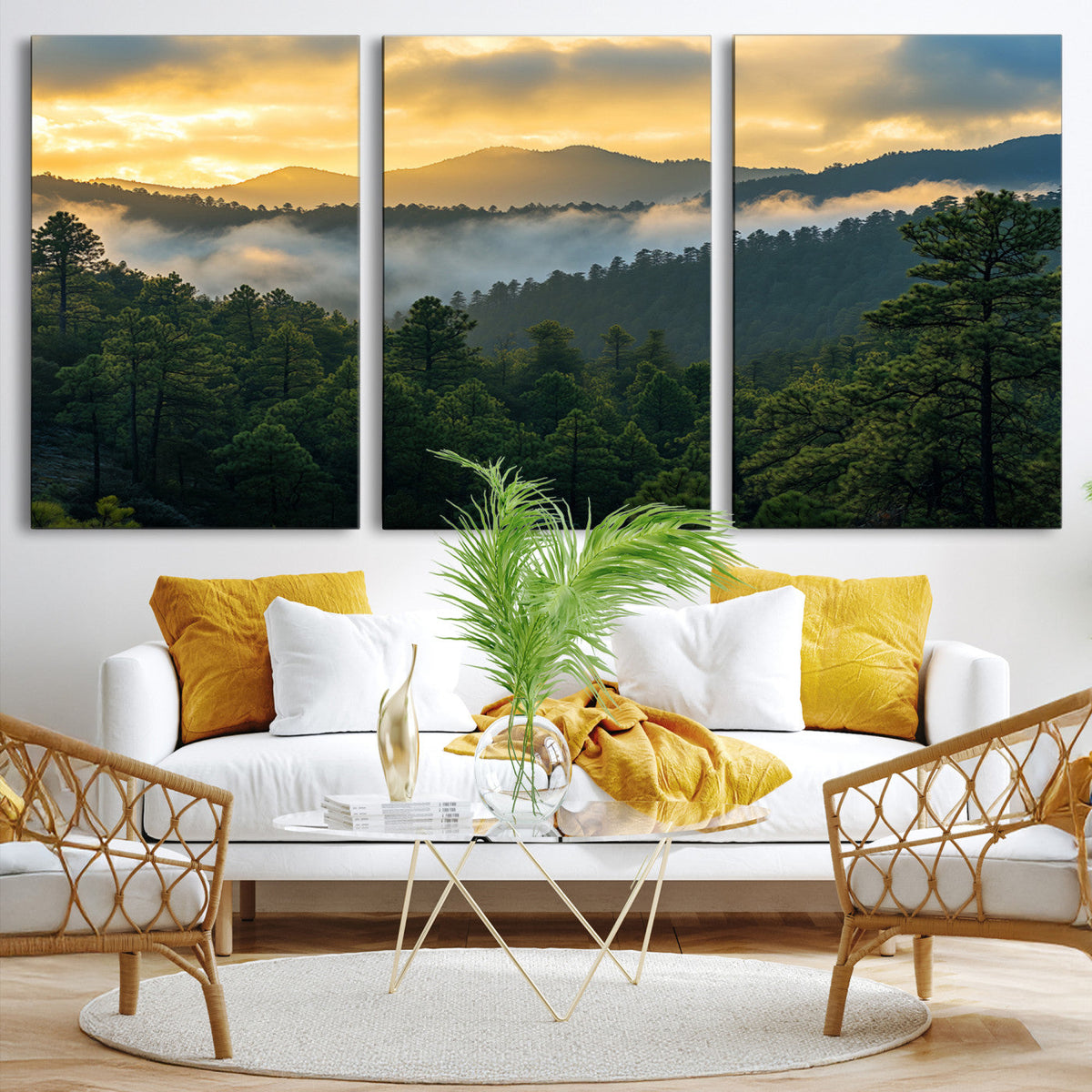 Mountain Sunrise Wall Art | Framed Pine Forest Canvas