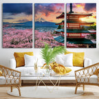 Mount Fuji Cherry Blossom Wall Art Canvas Print | Framed Pagoda Sunset