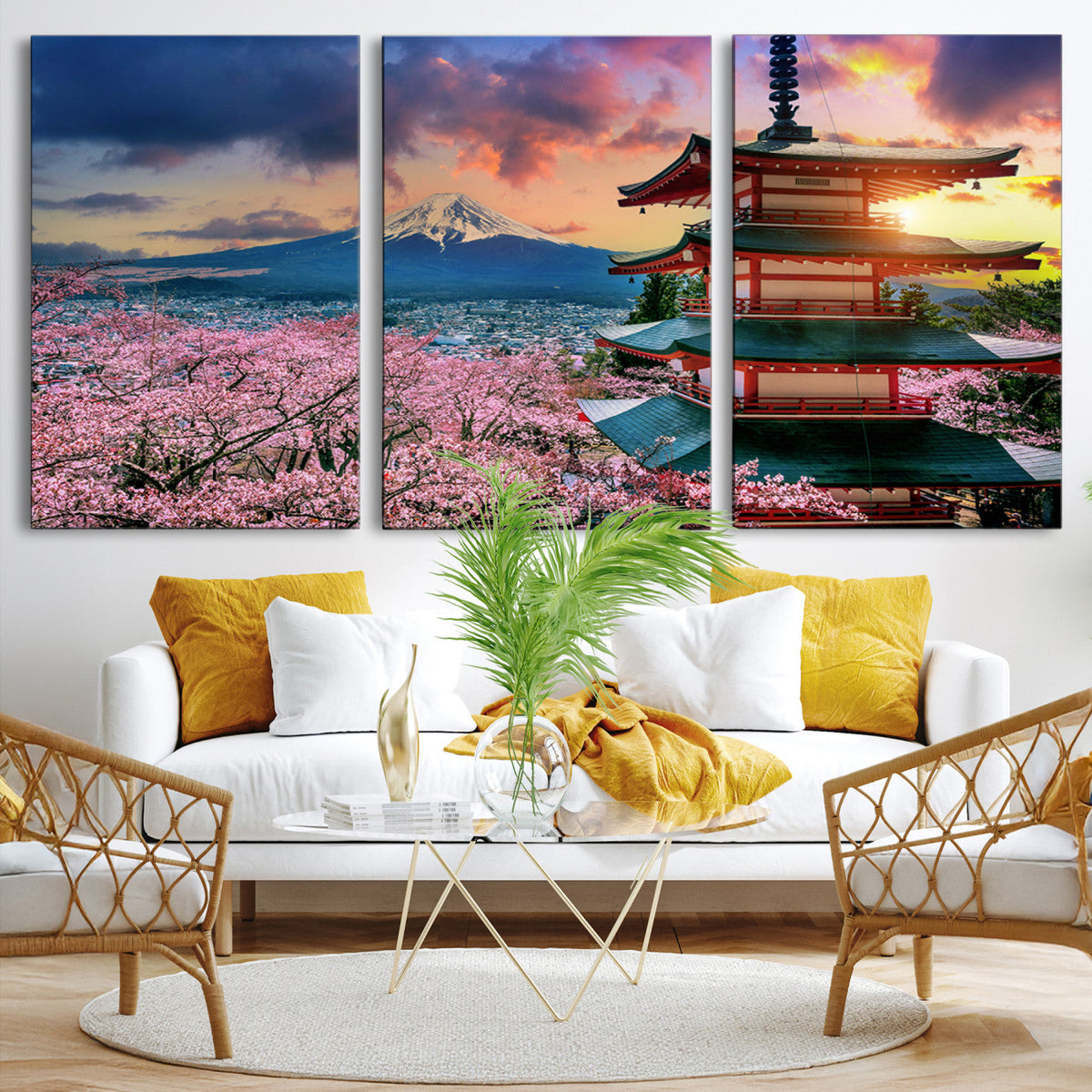 Mount Fuji Cherry Blossom Wall Art Canvas Print | Framed Pagoda Sunset