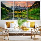 Sunset Glow Mountain Wall Art Canvas Print | Peaks, Green Forest and Lake