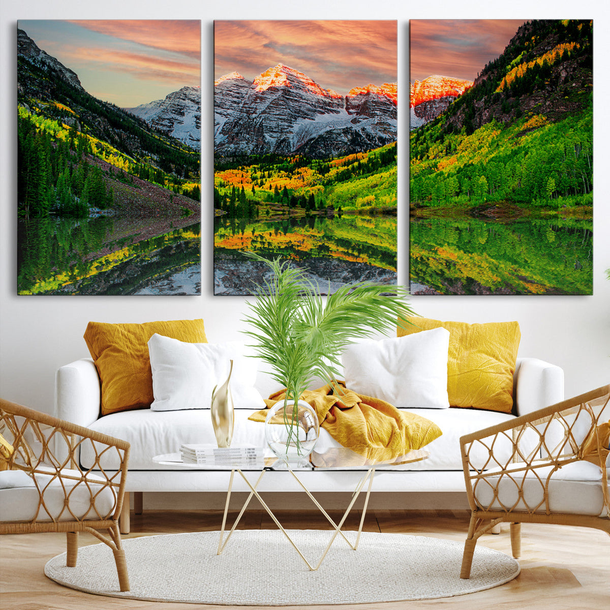 Sunset Glow Mountain Wall Art Canvas Print | Peaks, Green Forest and Lake
