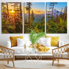 Forest Sunset Wall Art Canvas Print | Green Pines in Golden Light