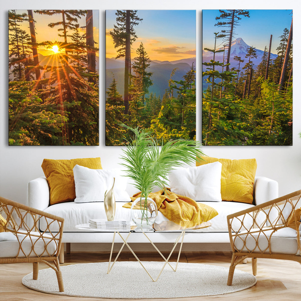 Forest Sunset Wall Art Canvas Print | Green Pines in Golden Light
