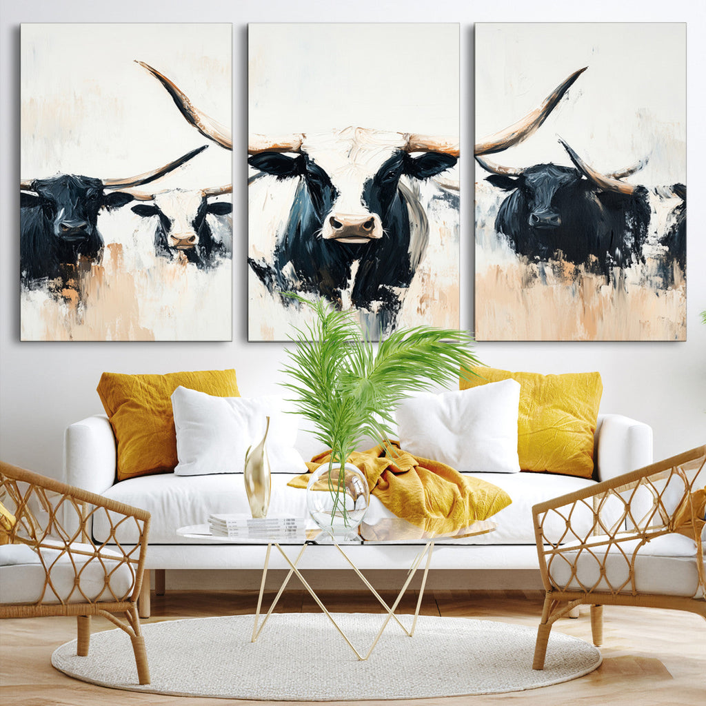 Texas Longhorn Wall Art Canvas Print | Majestic Horned Bull in Black and White