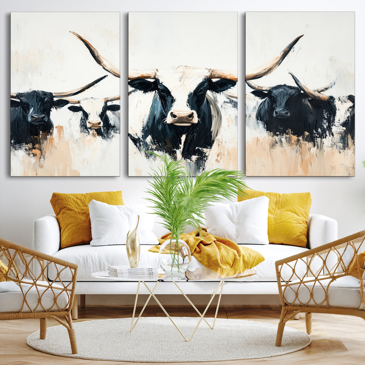 Texas Longhorn Wall Art Canvas Print | Majestic Horned Bull in Black and White