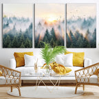Misty Pine Forest Wall Art Canvas, Sunrise Over Foggy Trees