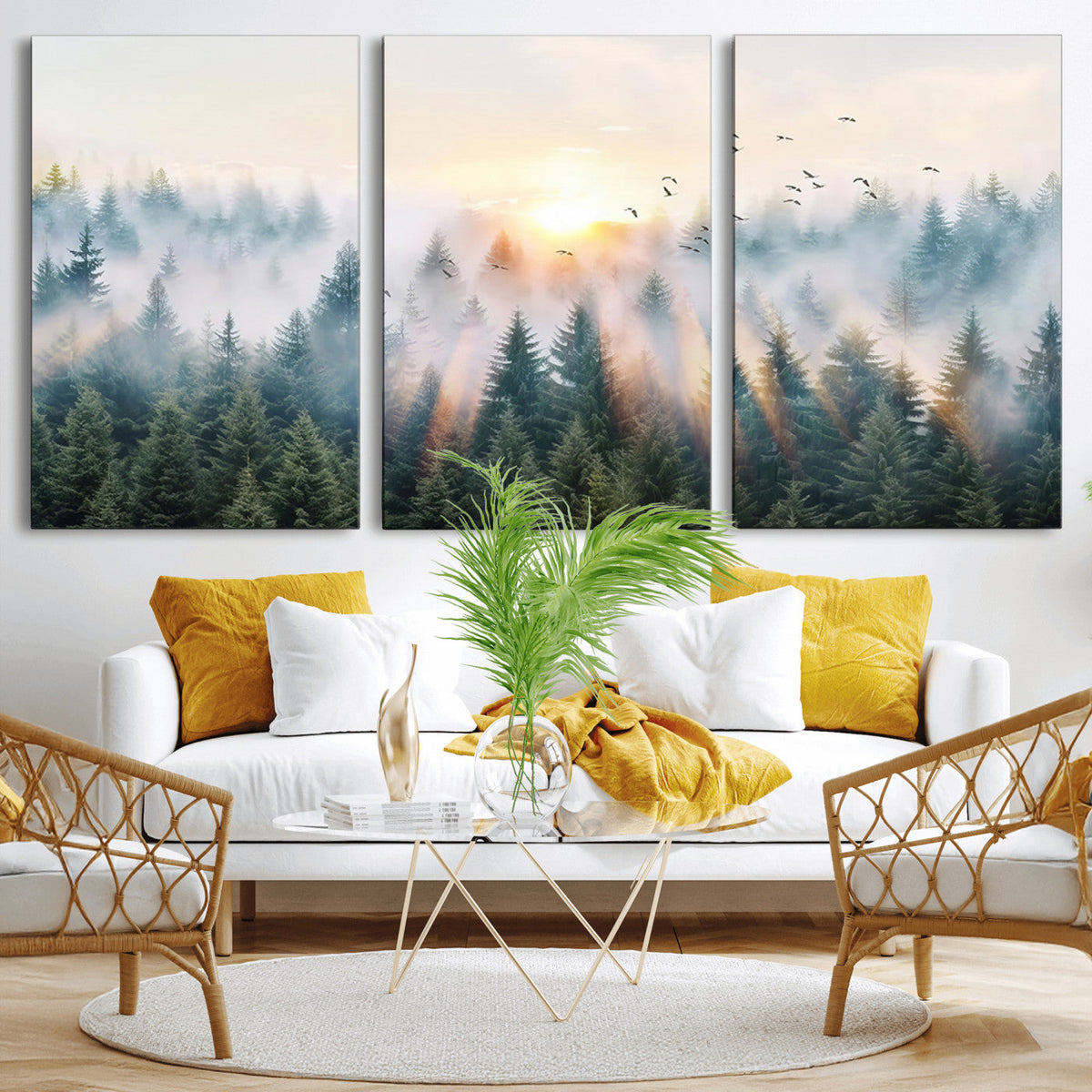 Misty Pine Forest Wall Art Canvas, Sunrise Over Foggy Trees