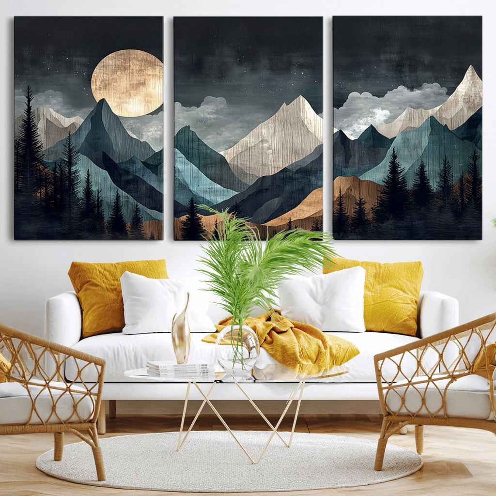 Moonlit Mountain Wall Art Canvas Print, Framed Silhouetted Pines Art, Layered Peaks Rustic Decor