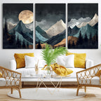 Moonlit Mountain Wall Art Canvas Print, Framed Silhouetted Pines Art, Layered Peaks Rustic Decor