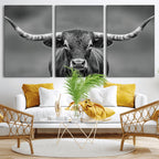 Texas Longhorn Wall Art Canvas Print, Framed Western Bull Photography, Rustic Log Cabin Decor