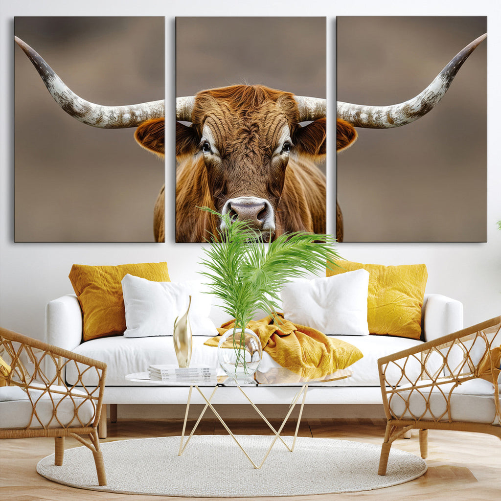 Texas Longhorn Wall Art Canvas Print | Rustic Brown Bull Western Decor