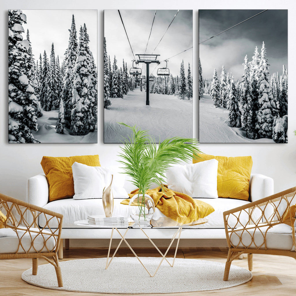 Snowy Pines Wall Art Canvas Print | Ski Lift in a Winter Forest