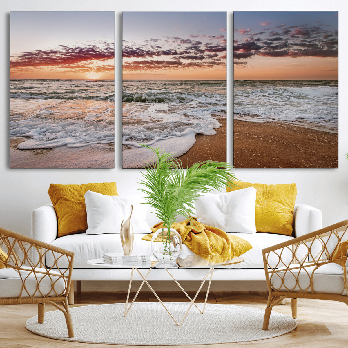 Ocean Sunset Wall Art Canvas Print | Sandy Shore and Gentle Waves