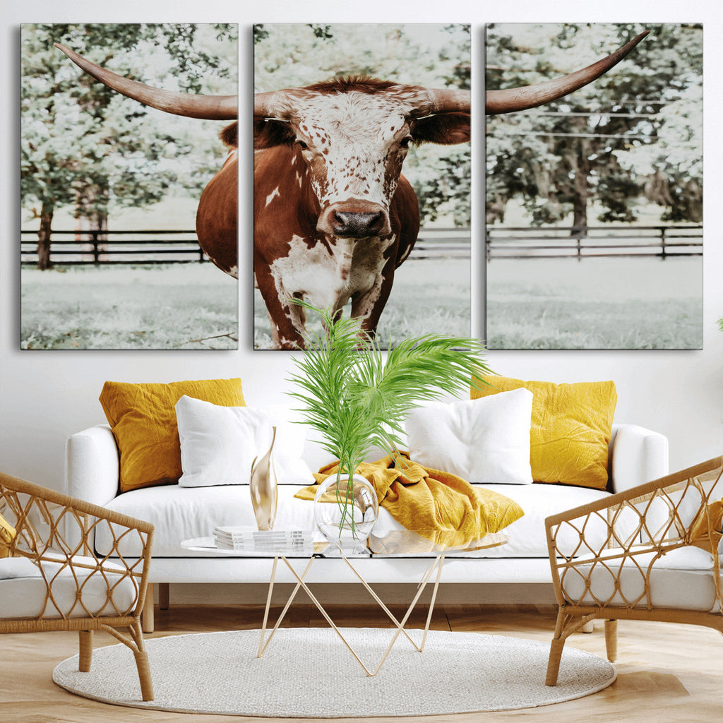 Texas Longhorn Wall Art Canvas Print | Framed Spotted Brown and White Bull