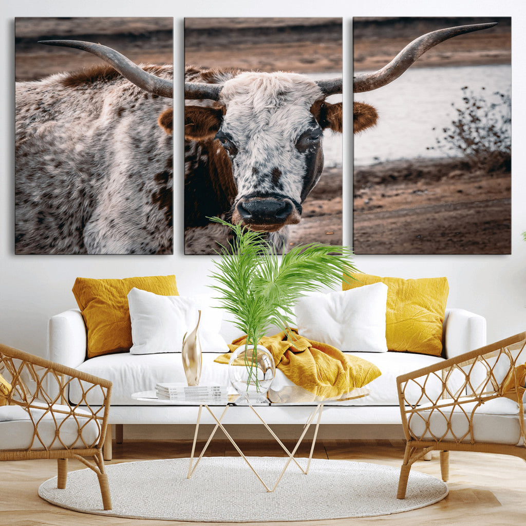 Texas Longhorn Wall Art Canvas Print | Framed Brown and White Spotted Longhorn