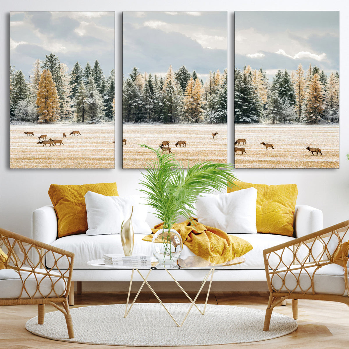 Elk Herd Wall Art, Framed Snowy Forest Canvas Artwork