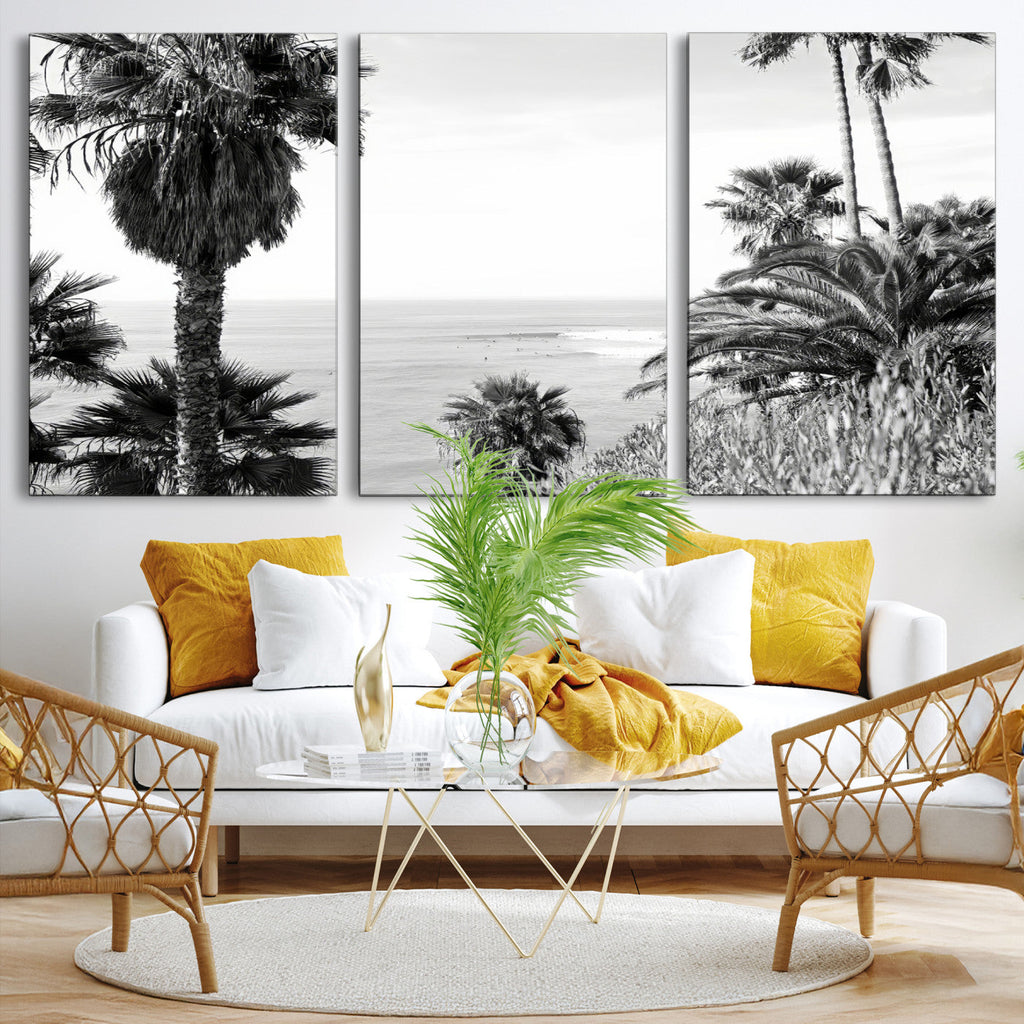 Palm Trees Wall Art Canvas Print, Framed Coastal Ocean Horizon Monochrome Art
