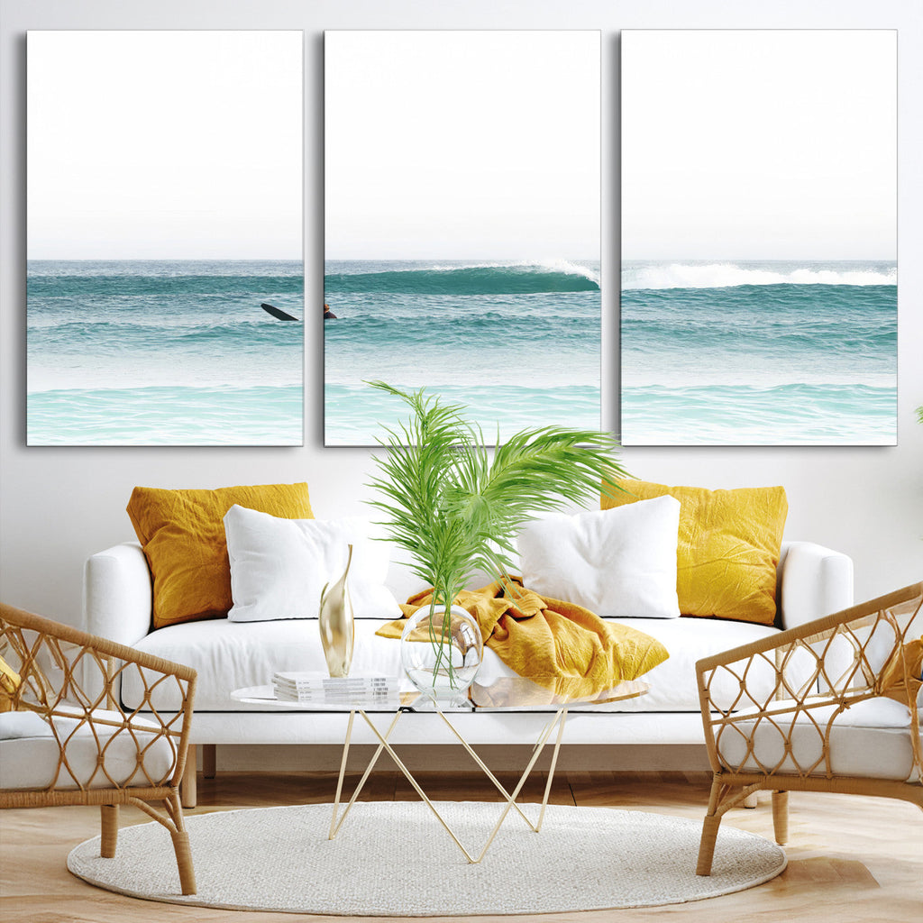 Surfing Wall Art Canvas Print, Framed Minimalist Ocean Waves Beach Art