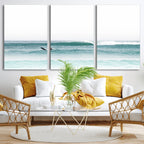 Surfing Wall Art Canvas Print, Framed Minimalist Ocean Waves Beach Art