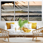 Sunset Surf Wall Art Canvas Print, Framed Golden Hour Waves Boho Beach Art