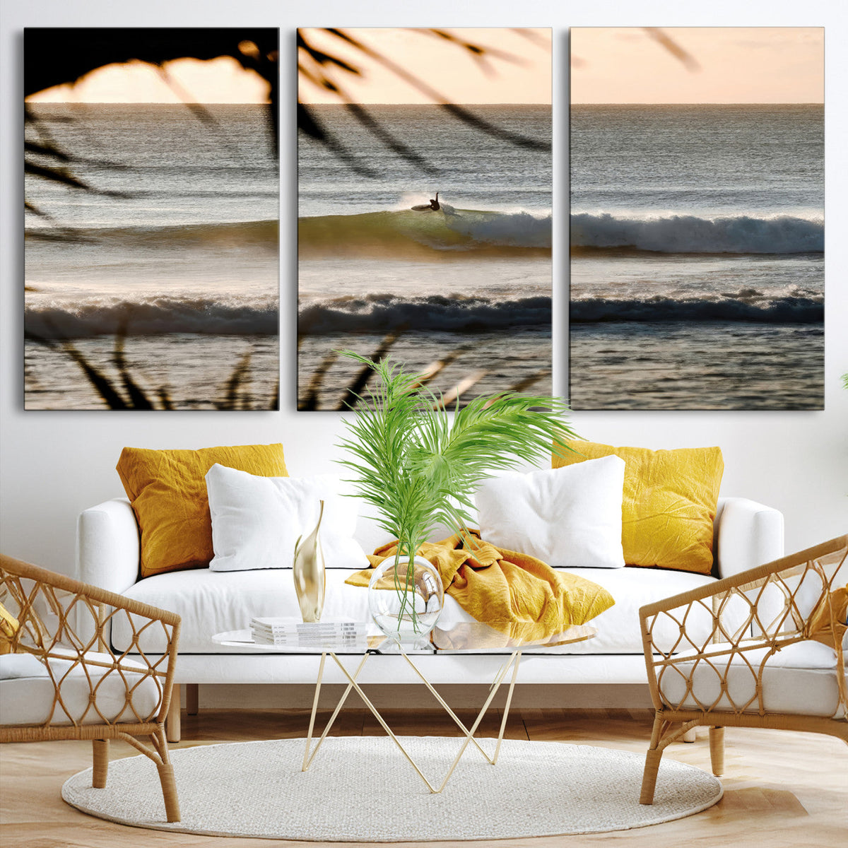 Sunset Surf Wall Art Canvas Print, Framed Golden Hour Waves Boho Beach Art