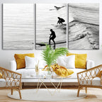 Surfers on Waves Wall Art Canvas Print | Framed Black and White Surf