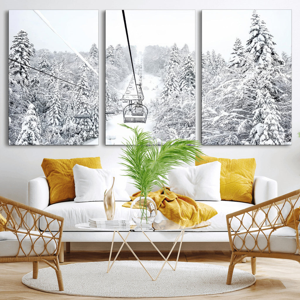 Snowy Ski Lift Wall Art | Framed Winter Mountain Canvas