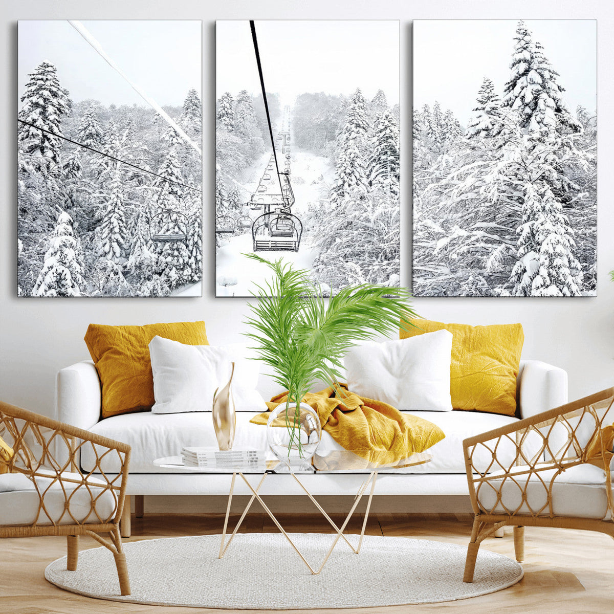 Snowy Ski Lift Wall Art | Framed Winter Mountain Canvas