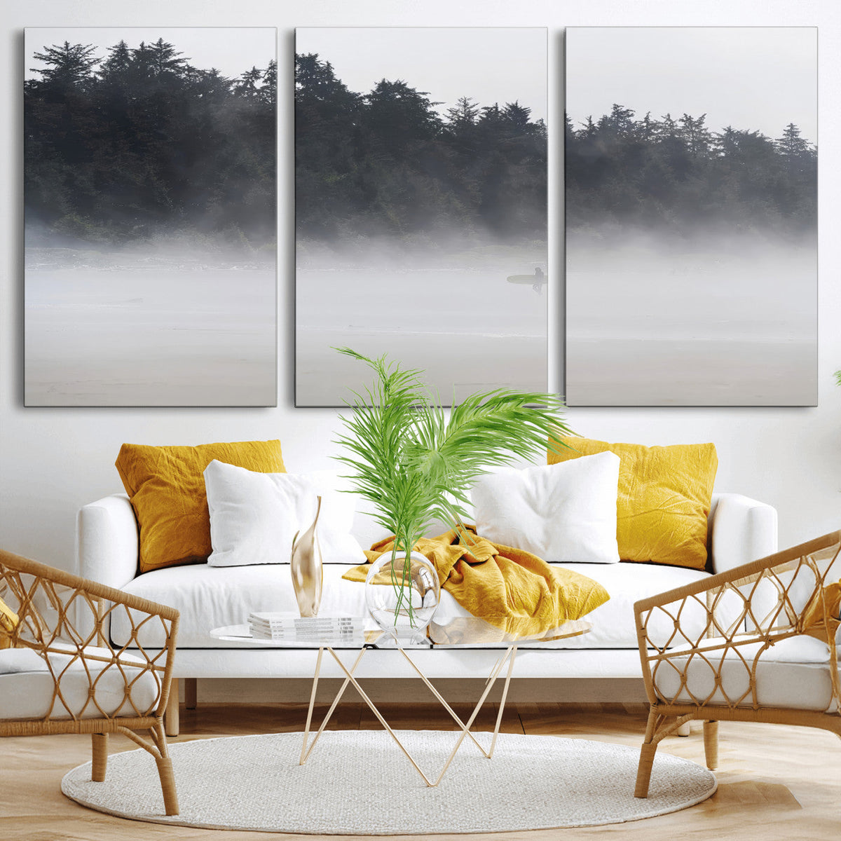 Surfer Fog Wall Art Canvas Print, Framed Foggy Beach and Coastal Surf Scene