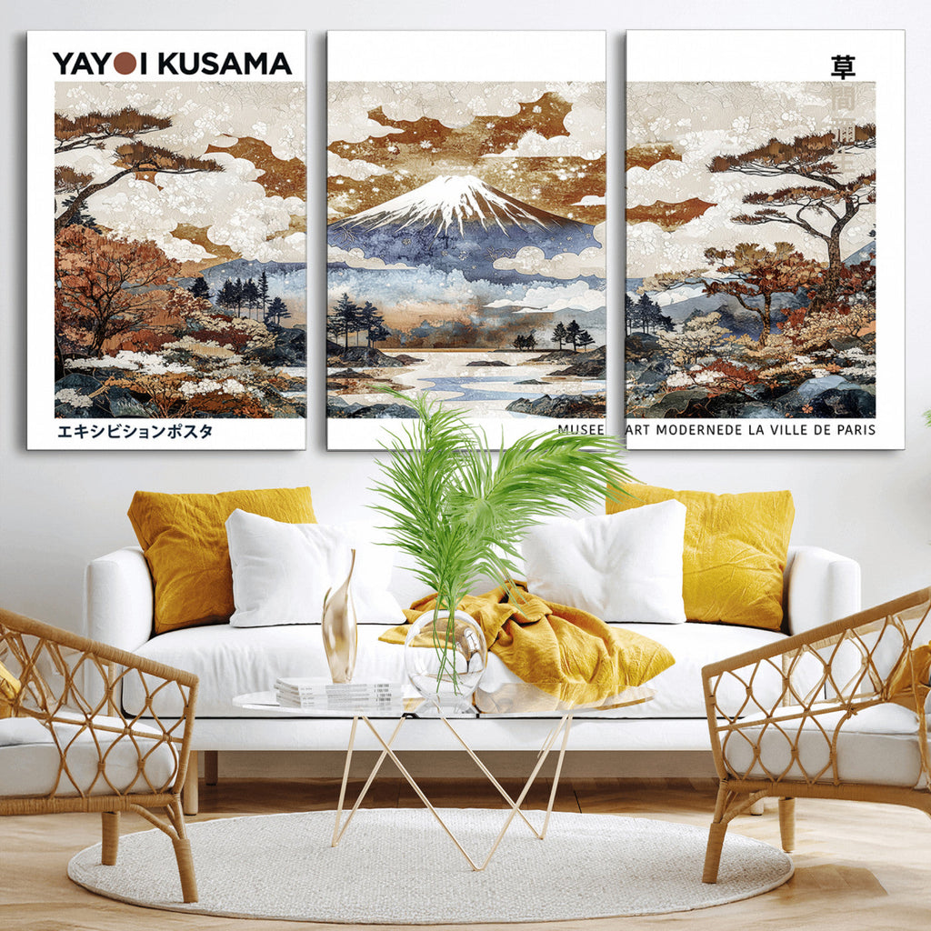 Modern Japanese Wall Art Canvas Print, Framed Abstract Mount Fuji Landscape, Yayoi Kusama Canvas Wall Art