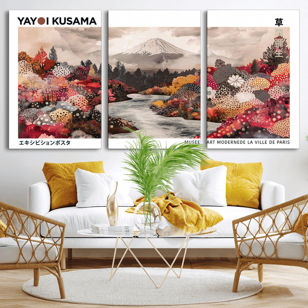 Modern Japanese Wall Art Canvas Print, Framed Abstract Mount Fuji Art, Yayoi Kusama Japanese Landscape