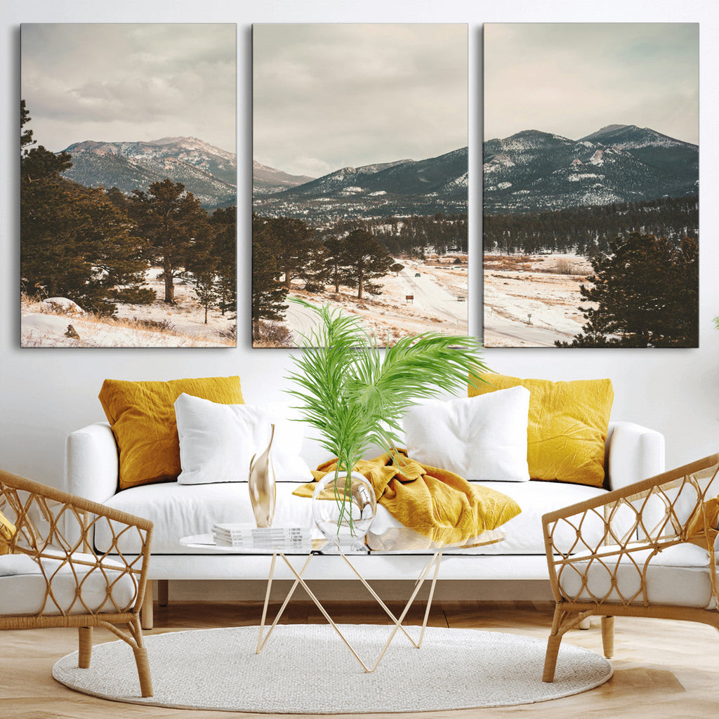 Mountain Landscape Wall Art Canvas Print, Framed Snowy Peaks Alpine Winter