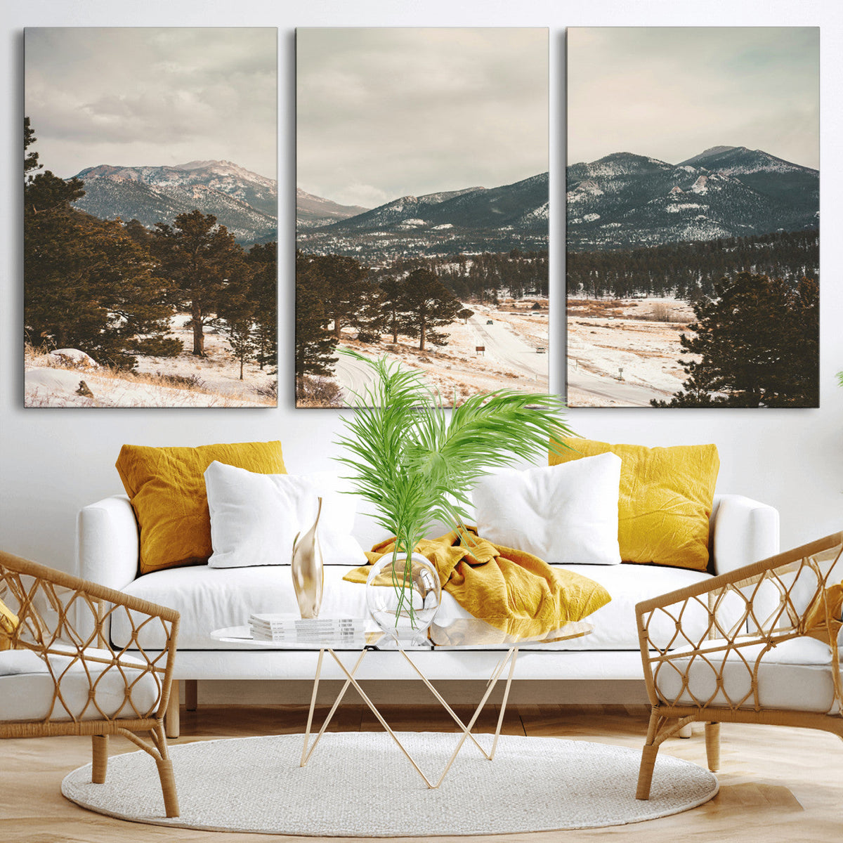 Mountain Landscape Wall Art Canvas Print, Framed Snowy Peaks Alpine Winter