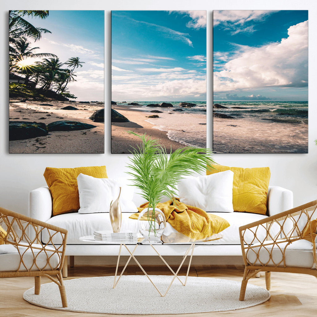 Tropical Beach Wall Art Canvas Print, Framed Ocean Waves Relaxing Seascape